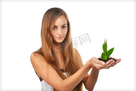 树芽摄影照片_美丽的年轻女子，手心里长着绿色的树芽
