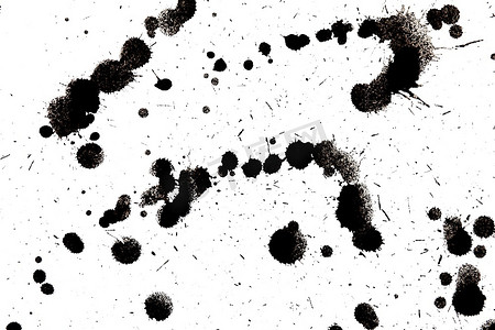 水墨笔刷祥云摄影照片_黑色墨水飞溅。光泽笔刷油漆污点、污渍、艺术斑点、油污、抽象水滴。扑通一声，流畅的插图。