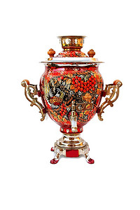 水壶茶壶摄影照片_红色俄罗斯传统萨莫瓦尔孤立