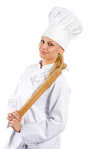 金发碧眼的年轻女子，穿着白色厨师连衣裙，戴着帽子和卷轴