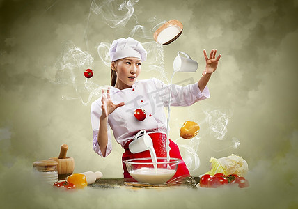 亚洲女性烹饪在色彩的衬托下变得神奇