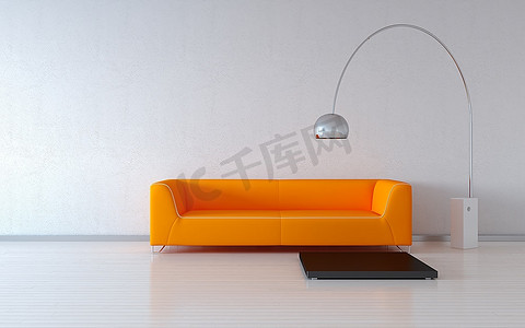 墙边舒适的橙色沙发(3D极简主义总部室内与复制空间系列)
