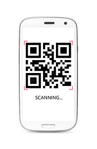 二维码手机背景摄影照片_扫描QR码现代触摸屏智能手机隔绝在白色背景