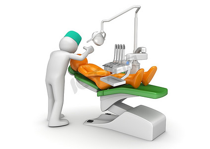 坐在牙椅上的牙医和病人(白色背景下的3D隔离医学人物系列)