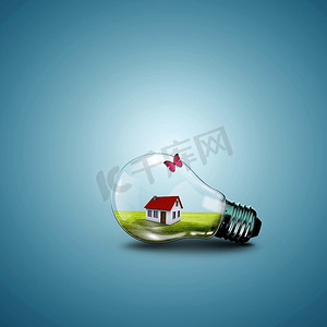 象征绿色能源的电灯泡及其内部住宅