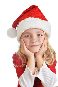 白色背景上戴着红色圣诞老人帽子的小女孩。肖像画