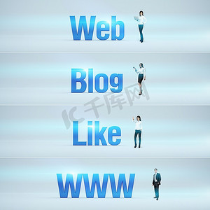 网络，博客，喜欢，www：有人(男人/女人)和单词的横幅。商人或女商人站在大字旁边。标题已设置。
