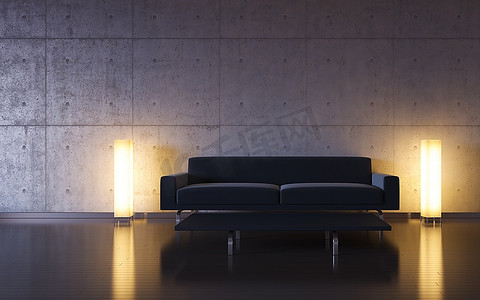 黑色沙发摄影照片_极简主义：黑色沙发和两盏靠墙的灯（3d极简主义HQ室内设计与复制空间系列）