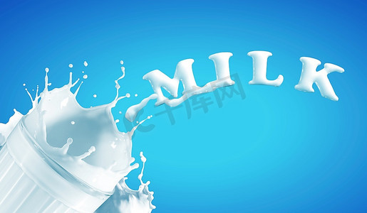 饮料上新摄影照片_彩色背景上的玻璃杯中的新鲜牛奶，插图