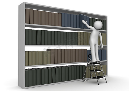 阶梯上的人从书架上拿起书(白色背景下的3D人物系列)