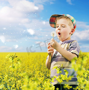 一个可爱的孩子在草地上玩蒲公英