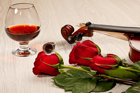 提琴摄影照片_红玫瑰和小提琴