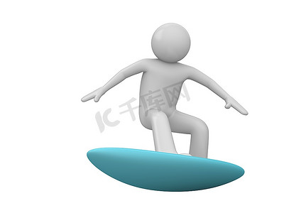 冲浪者孤立(白色背景下的3D孤立人物，体育系列片)