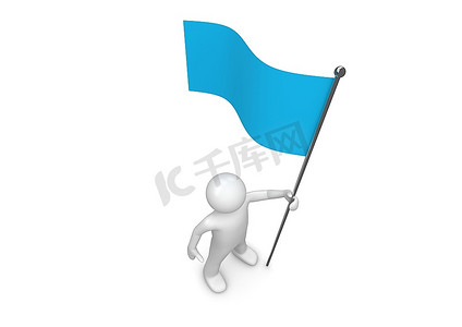 背景人物蓝色摄影照片_旗杆上举着蓝旗(3D白底孤立人物系列)