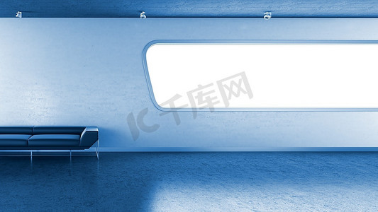 文案背景摄影照片_深蓝色沙发，内墙，窗户，文案空间(高科技室内，墙面和窗户系列文案空间)
