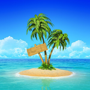 横幅旅行摄影照片_沙漠热带岛屿上的木制标牌，上面有棕榈树。休息、度假、度假、旅行的概念。