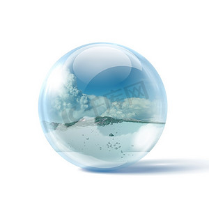 玻璃球体内美丽的蓝色海浪