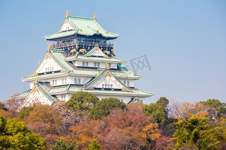 秋天日本摄影照片_日本关西带秋园的大阪城堡