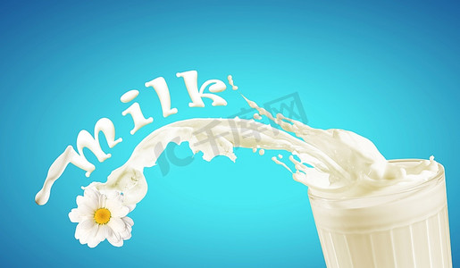 彩色背景上的玻璃杯中的新鲜牛奶，插图