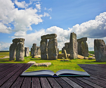 巨石阵的创造性概念图像，一个5000岁的纪念碑出来的页面在一个mgaical书