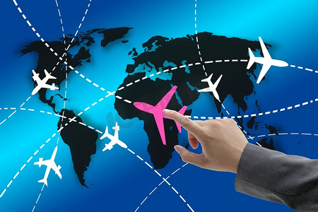 手触飞机，全球航线，商务旅行理念