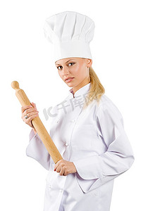金发碧眼的年轻女子，穿着白色厨师连衣裙，戴着帽子和卷轴