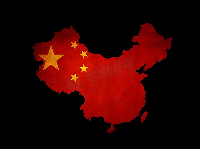 地图轮廓的中国与垃圾地图插入孤立的黑色花卉旗帜