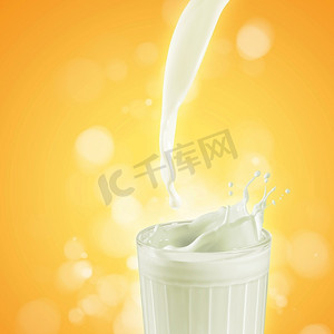 彩色背景上的玻璃杯中的新鲜牛奶，插图