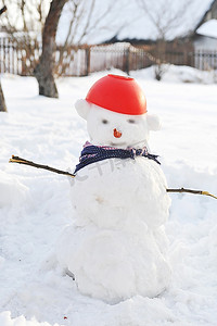 冬天背景上长着胡萝卜鼻子的滑稽雪人