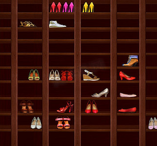 棕色衣服摄影照片_衣柜。棕色木质货架与女性和锐利；S鞋。时尚鞋类