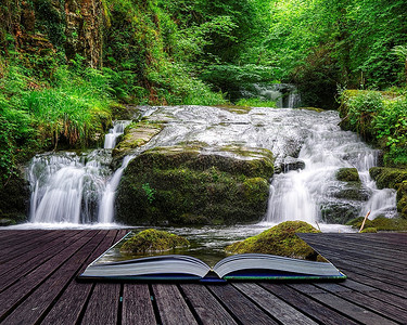壶口瀑布手绘摄影照片_魔法书中流淌的森林瀑布创意概念形象