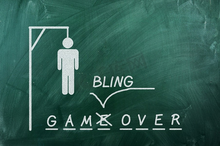 绿色黑板上的绞刑架游戏和文字“赌博结束”。赌博成瘾概念