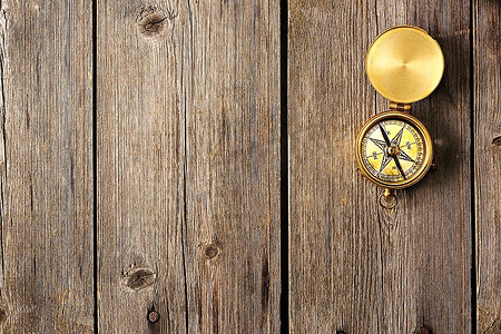 木质背景的古董黄铜指南针