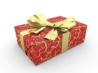 蝴蝶结丝带摄影照片_红色礼品盒花式蝴蝶结系列(红色包装纸上有金色条纹和星星)