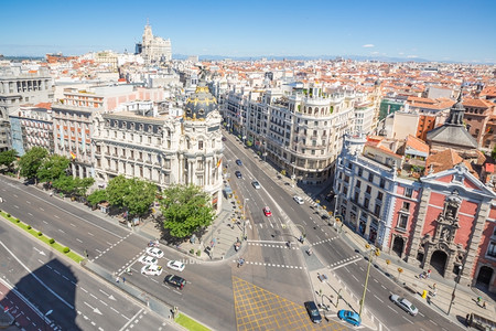 酒具和茶具建筑摄影照片_俯瞰欧洲西班牙首都马德里的主要购物街Gran Via。