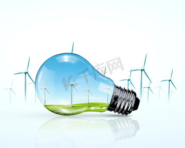 绿色的风摄影照片_电动灯泡发电机和风车发电机