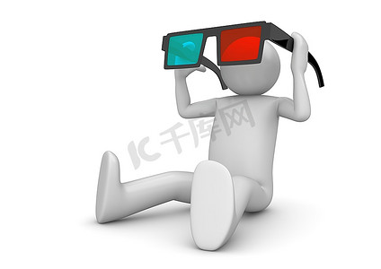 红色立体摄影照片_角色戴着3D立体浮雕眼镜。影院观众。与世隔绝。1000多个3D角色系列中的一个。