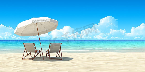 旅行海滩摄影照片_沙滩椅和伞在沙滩上。休息，放松，假日，温泉，胜地的概念