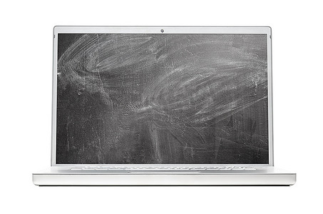 黑板白色背景摄影照片_展示黑板的现代笔记本电脑，隔离在白色背景上