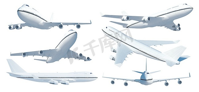 飞机从不同的角度孤立。  Copyspace客机摘要在白色背景。  高品质的现实3D渲染飞机