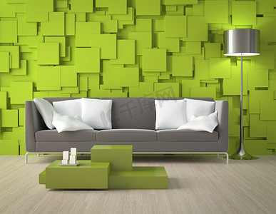 简单方块背景摄影照片_绿色块墙和家具