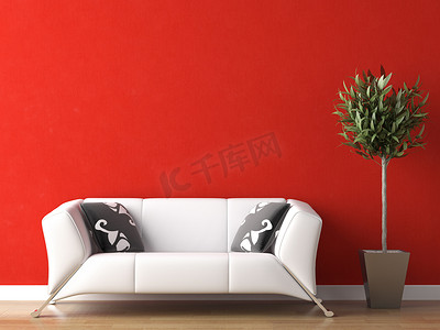 室内设计的红墙上的白沙发上