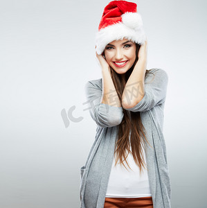 圣诞圣诞老人帽子孤立的女人肖像 .