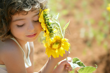 漂亮的小女孩在夏天向日葵的字段