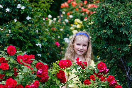 肖像的女孩和玫瑰花丛