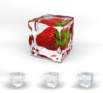 冰块方块摄影照片_草莓冻结在冰多维数据集