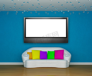 绿色极简风格摄影照片_蓝色简约客厅与白色沙发和彩色型靠垫