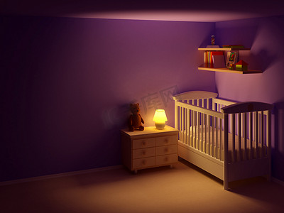 婴儿与玩具摄影照片_在晚上的婴儿房
