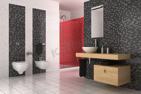 现代浴室配有黑色、 红色和白色的瓷砖