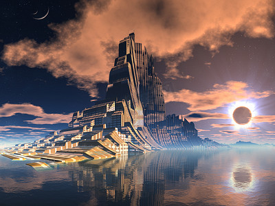 外星人摄影照片_未来派的外星城市在月食